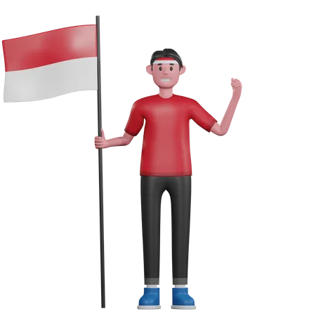 Personnage 3 D De Lhomme Indonesien Tenant Le Drapeau Indonesien 3D Illustration