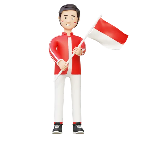 Homme tenant le drapeau de l'indonésie le jour de l'indépendance  3D Illustration