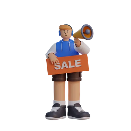 Homme tenant une pancarte de vente  3D Illustration