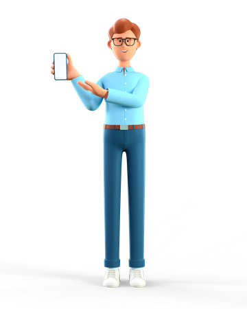 Homme tenant un smartphone et montrant à l'écran  3D Illustration