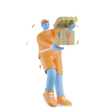 Homme tenant une boîte cadeau surprise  3D Illustration