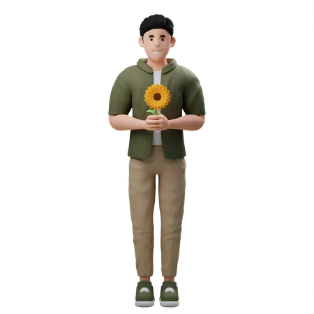 Homme tenant un tournesol  3D Illustration