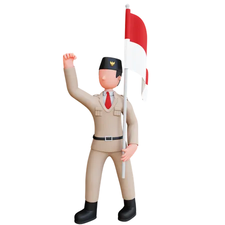 Homme tenant le drapeau indonésien  3D Illustration