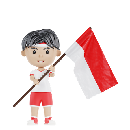 Homme tenant le drapeau indonésien  3D Illustration