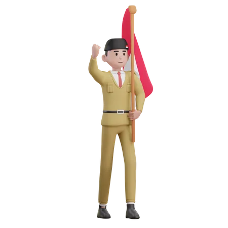 Homme tenant le drapeau indonésien  3D Illustration