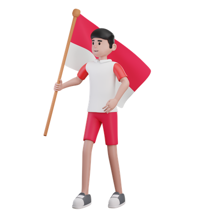 Homme tenant le drapeau indonésien  3D Illustration