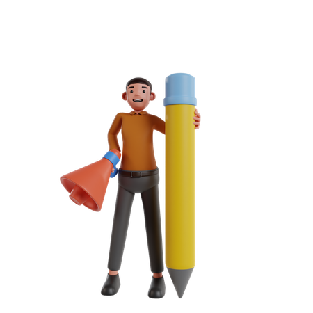 Homme tenant un mégaphone et un crayon  3D Illustration