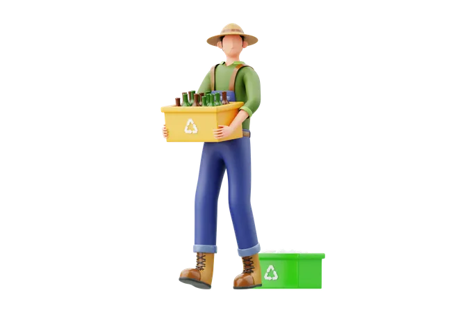 Homme tenant un panier à bouteilles pour le recyclage  3D Illustration