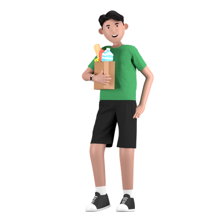 Homme tenant un sac d'épicerie  3D Illustration