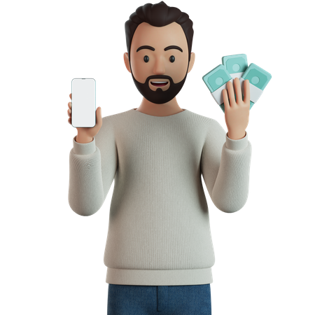 Homme tenant un smartphone et un tas d'argent liquide  3D Illustration