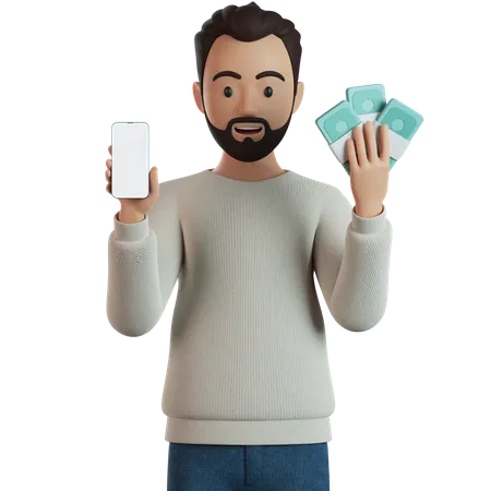 Homme tenant un smartphone et un tas d'argent liquide  3D Illustration