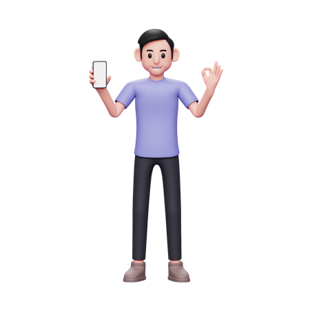 Homme tenant un téléphone portable à écran blanc et montrant le doigt ok  3D Illustration