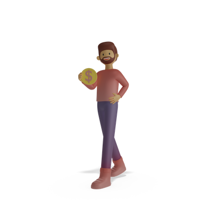 Homme tenant une pièce de monnaie à la main  3D Illustration