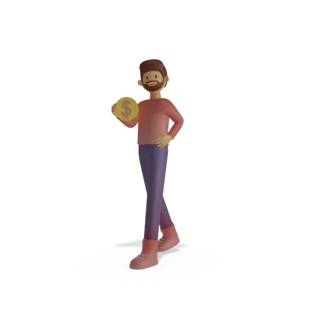 Homme tenant une pièce de monnaie à la main  3D Illustration