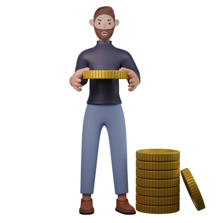 Homme tenant une pile de pièces  3D Illustration