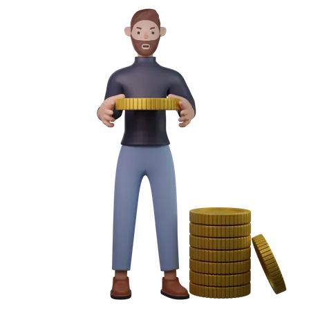 Homme tenant une pile de pièces  3D Illustration