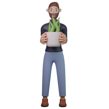 Homme tenant une plante en pot  3D Illustration