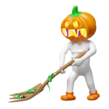 Homme tête de citrouille tenant une fourchette  3D Icon