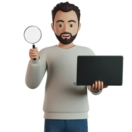 L'homme tient une loupe et un ordinateur portable à la main  3D Illustration