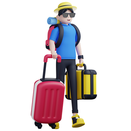 Touriste masculin prêt pour l'aventure avec bagages  3D Illustration