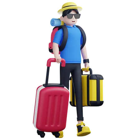 Touriste masculin prêt pour l'aventure avec bagages  3D Illustration