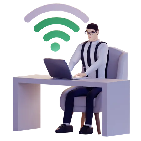 Homme travaillant au bureau en utilisant le wifi  3D Illustration