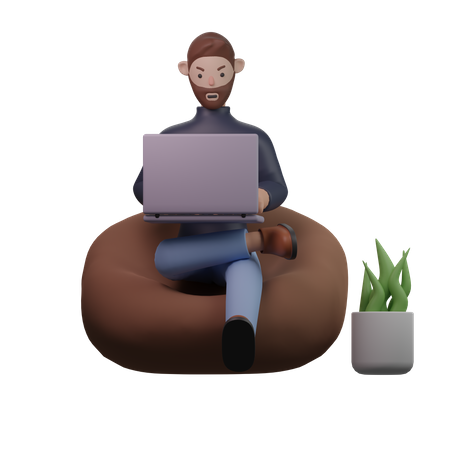Homme travaillant sur un ordinateur portable assis sur un pouf  3D Illustration