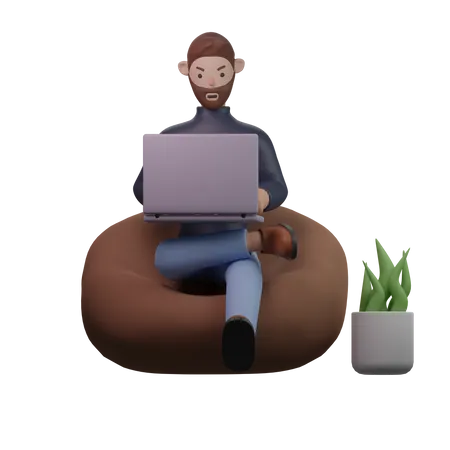 Homme travaillant sur un ordinateur portable assis sur un pouf  3D Illustration