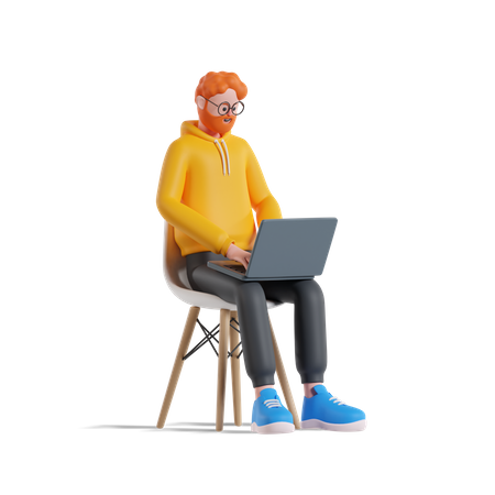 Homme travaillant sur un ordinateur portable tout en étant assis sur une chaise  3D Illustration