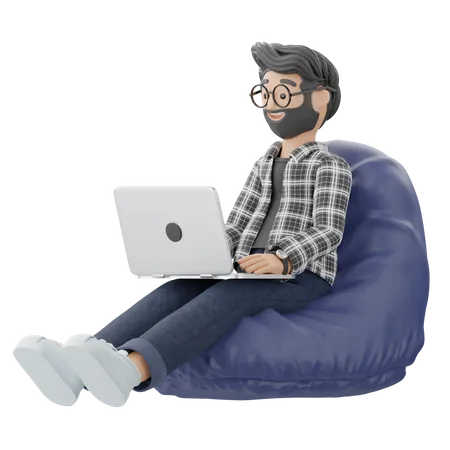 Homme travaillant assis sur un pouf  3D Illustration