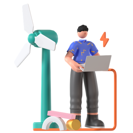 Un homme utilise l'énergie éolienne  3D Illustration