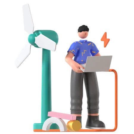 Un homme utilise l'énergie éolienne  3D Illustration