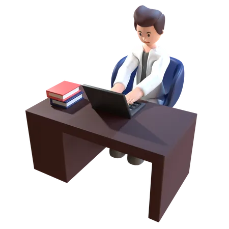 Homme utilisant un ordinateur portable sur une table de travail  3D Illustration