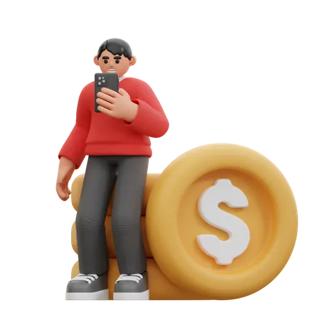 Homme utilisant un téléphone assis sur des pièces de monnaie  3D Icon