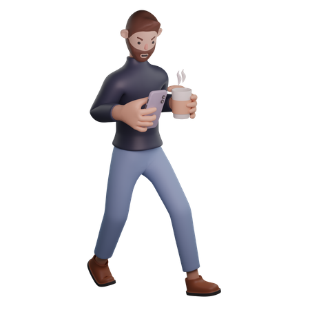 Homme utilisant un téléphone tout en tenant un café  3D Illustration