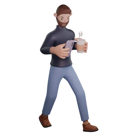 Homme utilisant un téléphone tout en tenant un café  3D Illustration