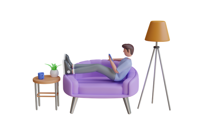 L'homme utilise son mobile en étant assis sur un canapé  3D Illustration