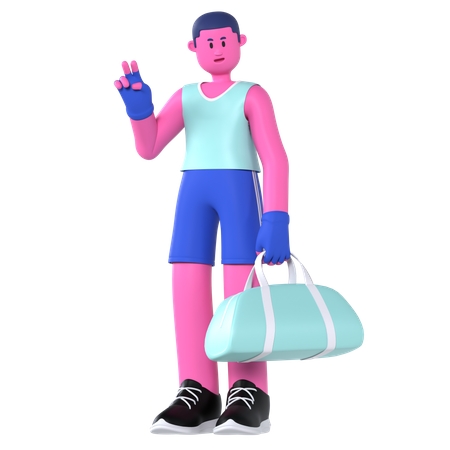 Homme va à la salle de sport avec un sac de sport  3D Illustration