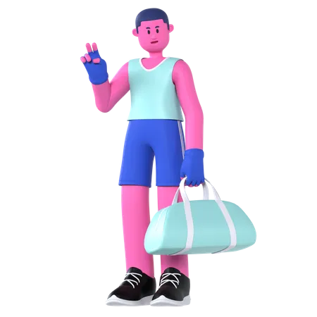 Homme va à la salle de sport avec un sac de sport  3D Illustration