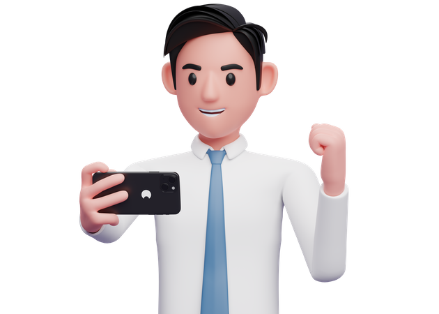 Hommes d'affaires en chemise blanche cravate bleue célébrant lors d'un appel vidéo  3D Illustration
