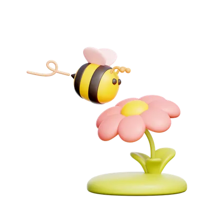 3 D Bee With Flower Spring Season Garden Flower 3D Icon