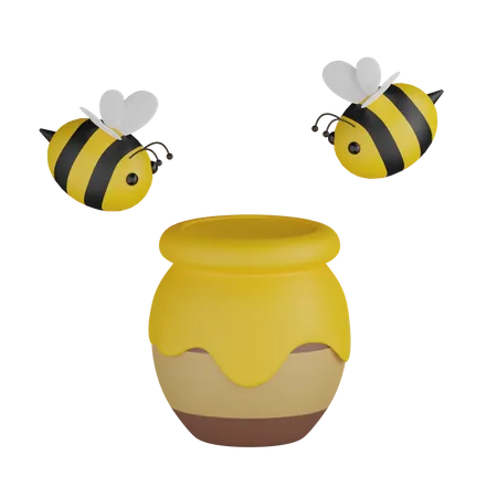 Honey Pot With Bee  3D Icon