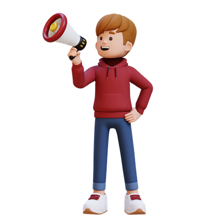 Hoodie Boy Announcing Something Using Megaphone  3D Illustration