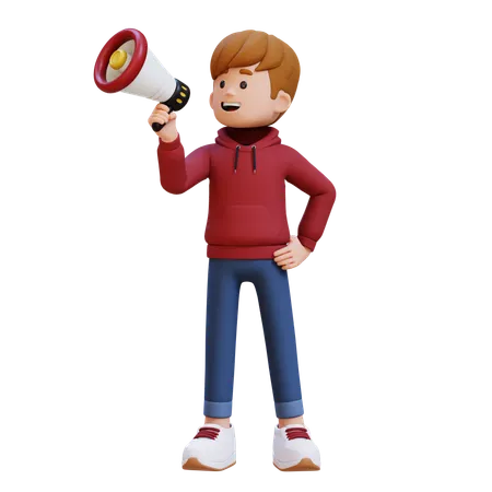 Hoodie Boy Announcing Something Using Megaphone  3D Illustration