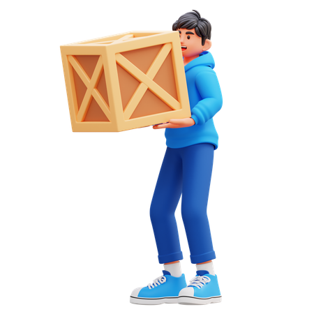 Hoodie Boy Carrying Wooden Box  3D Illustration