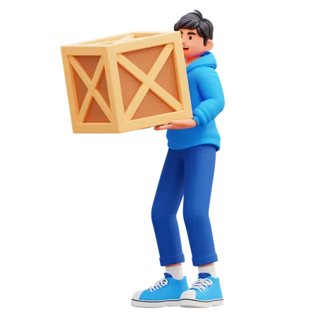 Hoodie Boy Carrying Wooden Box  3D Illustration
