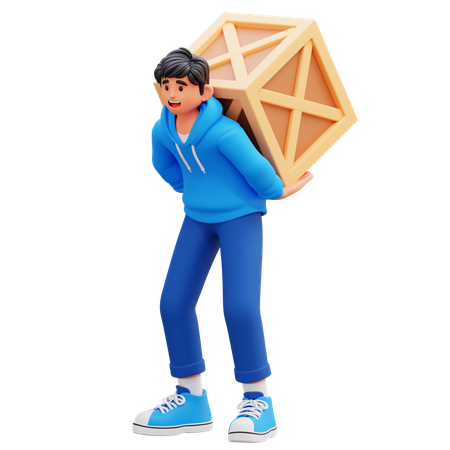 Hoodie Boy Carrying Wooden Crate On Back  3D Illustration