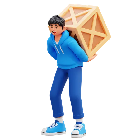 Hoodie Boy Carrying Wooden Crate On Back  3D Illustration