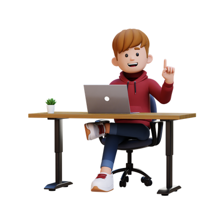 Hoodie Boy Getting Idea While Working On Laptop  3D Icon