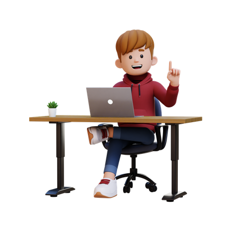 Hoodie Boy Getting Idea While Working On Laptop  3D Illustration